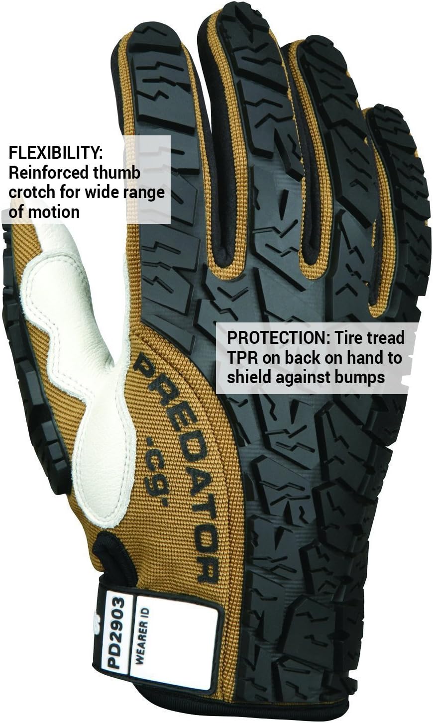MCR Safety PD2903XXL Predator Multitask Grain Cow Leather Palm, Breathable, Padded Gloves, Tire Tread Backing, White/Tan, 2X-Large, 1 Pair