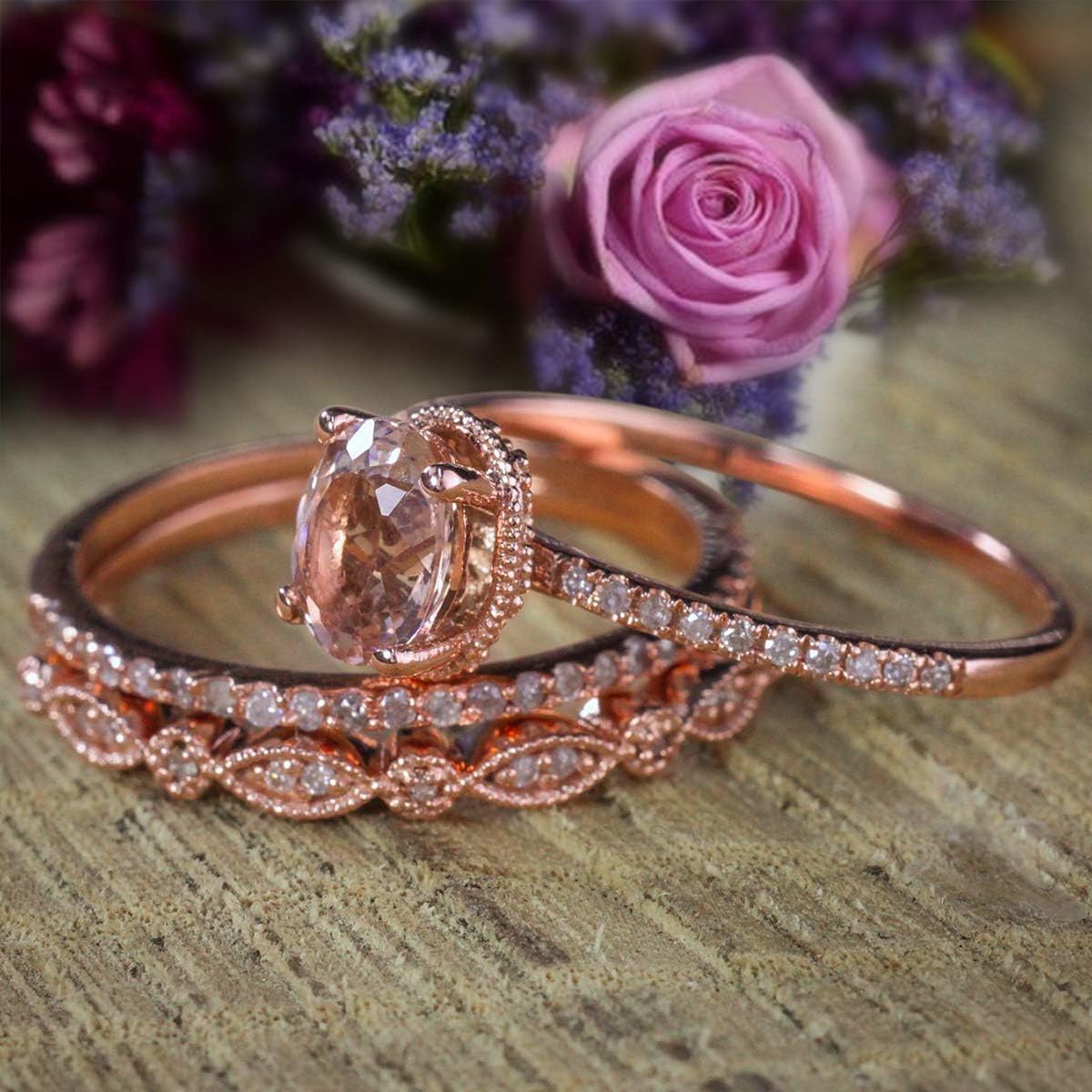 Sale 2 carat Antique Design Oval Shape Morganite & Diamond Trio Ring Set in 10k Rose Gold
