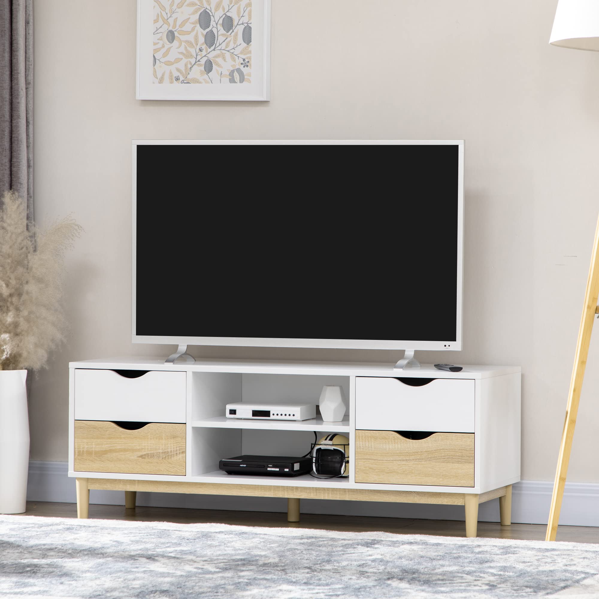HOMCOM Mueble TV de Salón 4 Cajones 120x40x44,5 cm Blanco y Roble | Mesa para TV, para Televisores de hasta 55", con Estantes de Almacenamiento, para Dormitorio