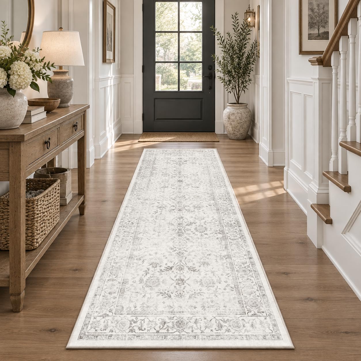 FMFUNCTEX 2x6 Hallway Runner Rug Washable Grey Neutral Vintage Distressed