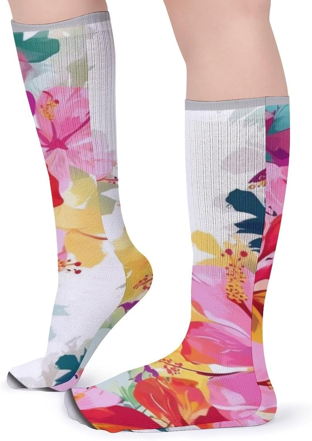 Breathable Crew Sock, Moisture Wicking, Athletic Calf Socks, Cozy | Hawaiian Flower Print Compression Socks for Women Men, Lightweight High Work Socks for Business, Casual