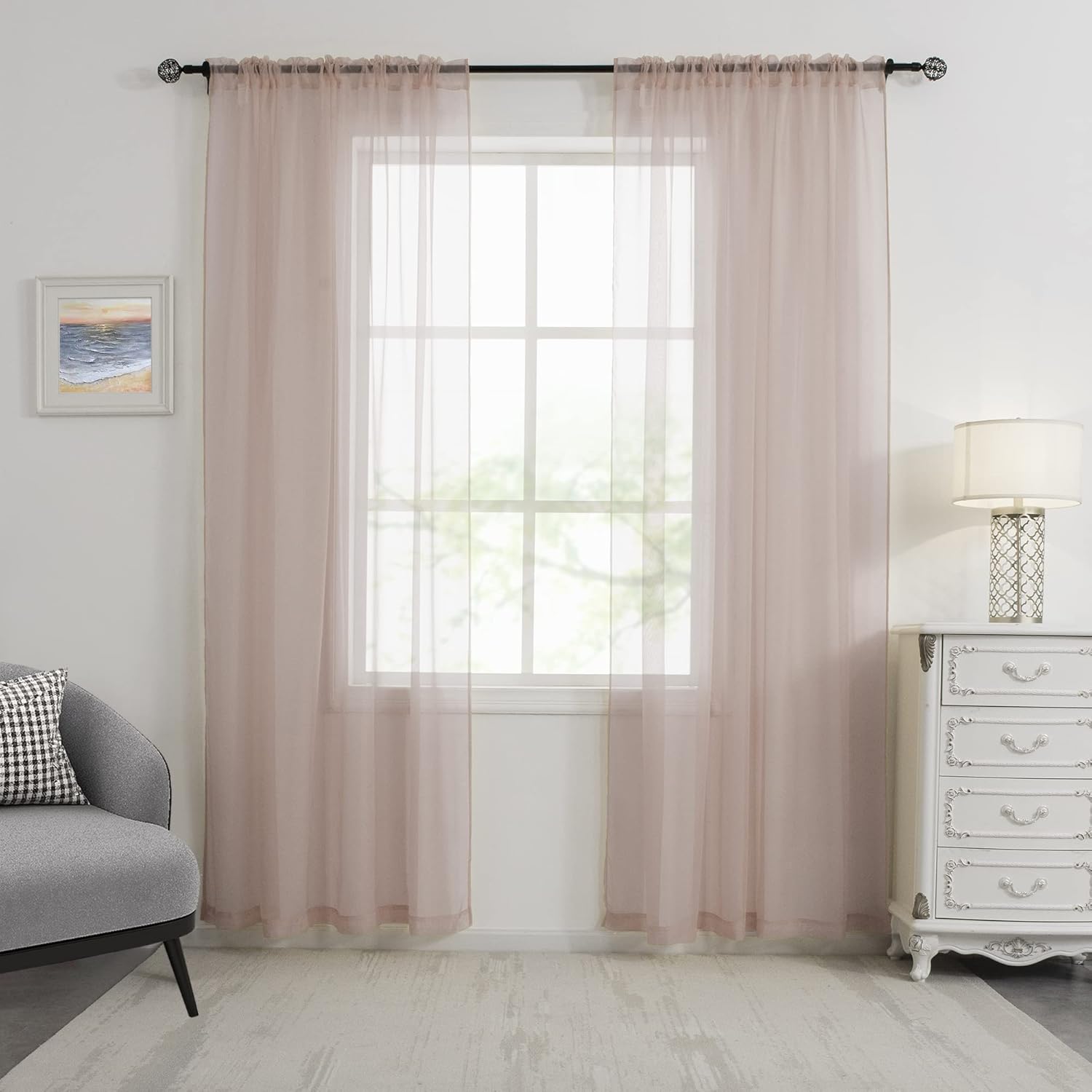 HUTO Blush Pink Sheer Curtains 108 inches Long for Bedroom Top Rod Pocket Sheer Window Panels Curtains for Nursery Living Room 52 by 108 Inch Length Set of 2 Panels