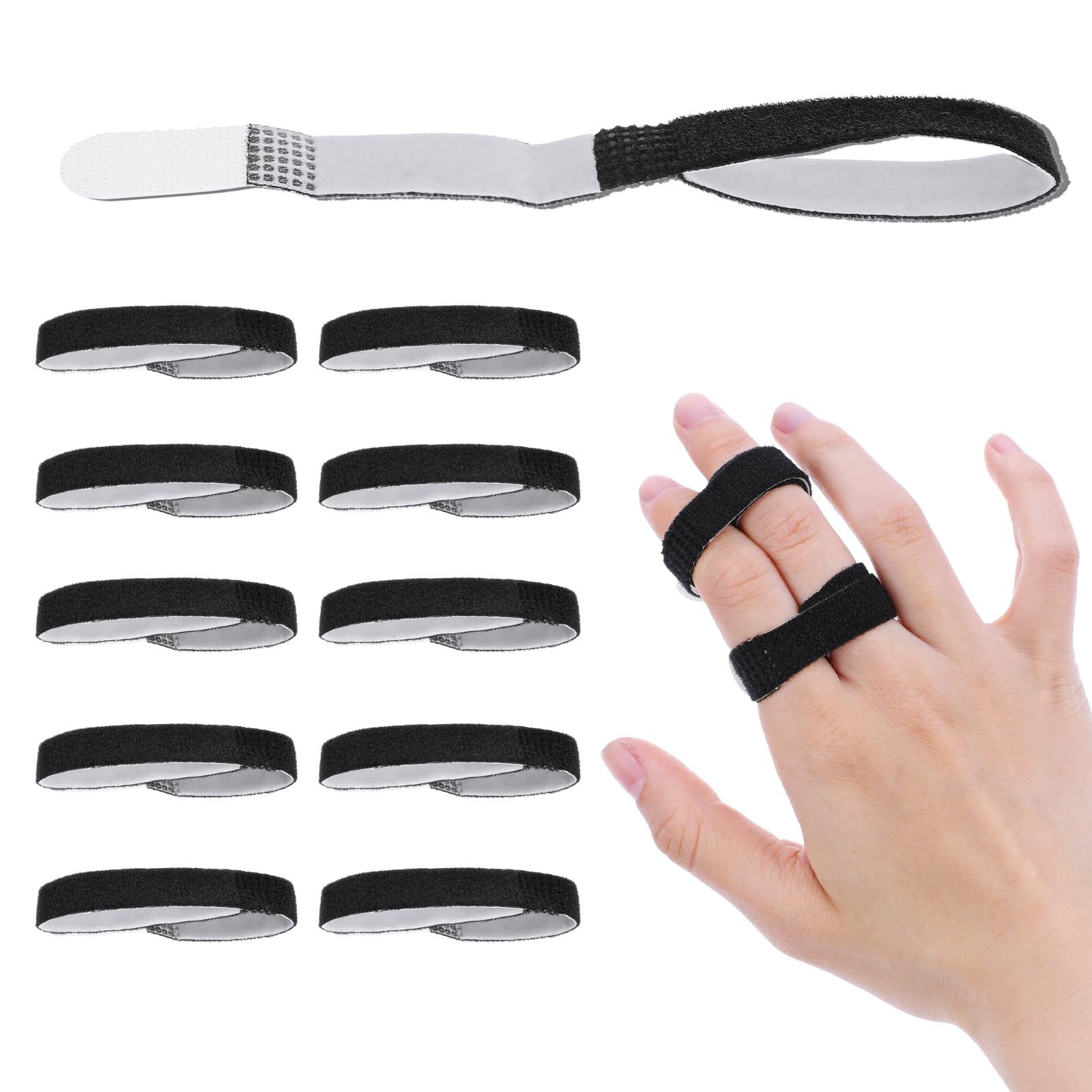 Wanmu Buddy Tape Finger Straps, 10 Pcs Finger Buddy Wraps With Padded, Hook and Loop Finger Tapes Pinky Finger Splint for Injured, Jammed, Swollen Finger Support, Washable and Reusable (Black)