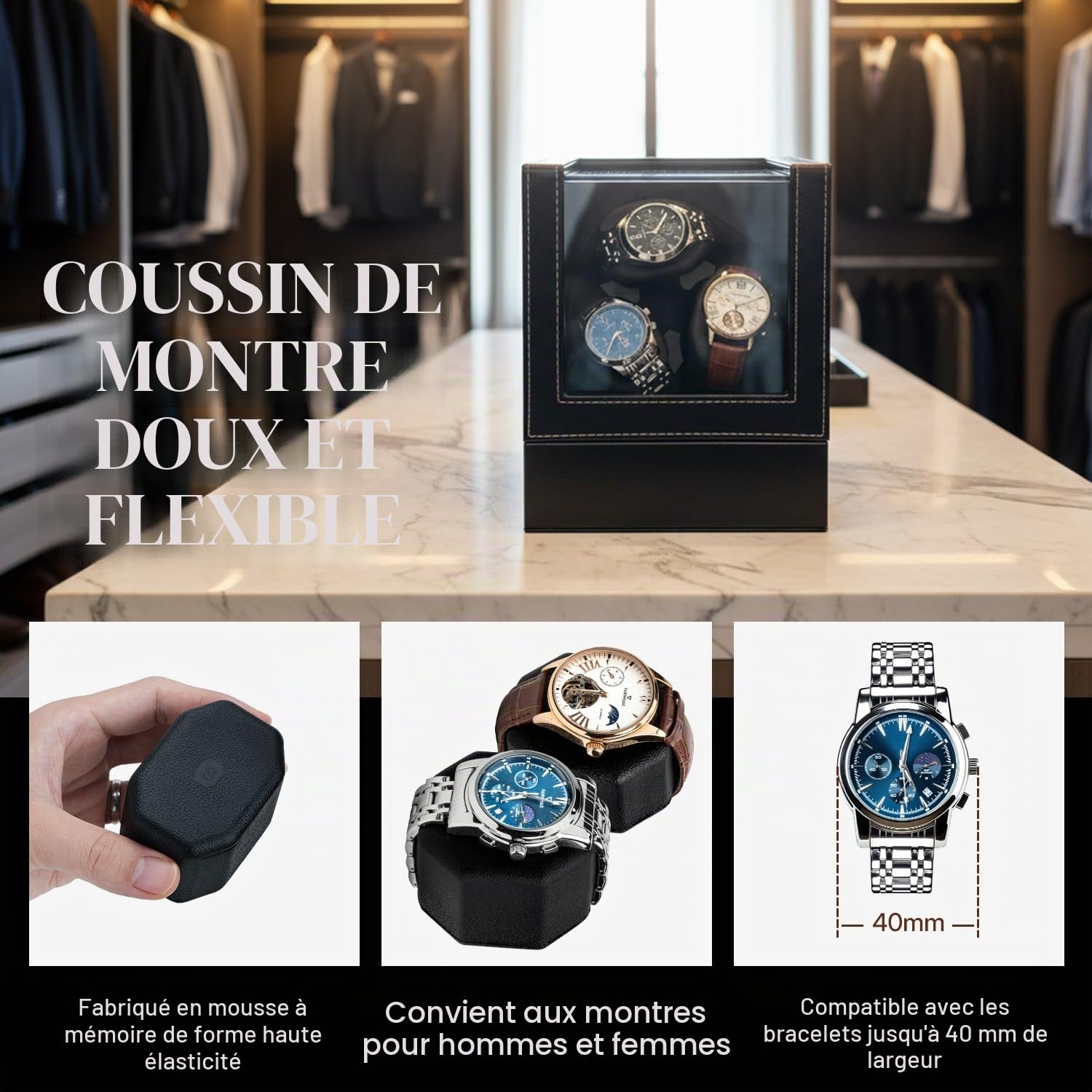 Mcbazel Remontoir Automatique pour Montres - Boîte en Cuir, Moteur Silencieux, 2 Modes de Rotation, Boîte de Présentation pour Collection de Montres