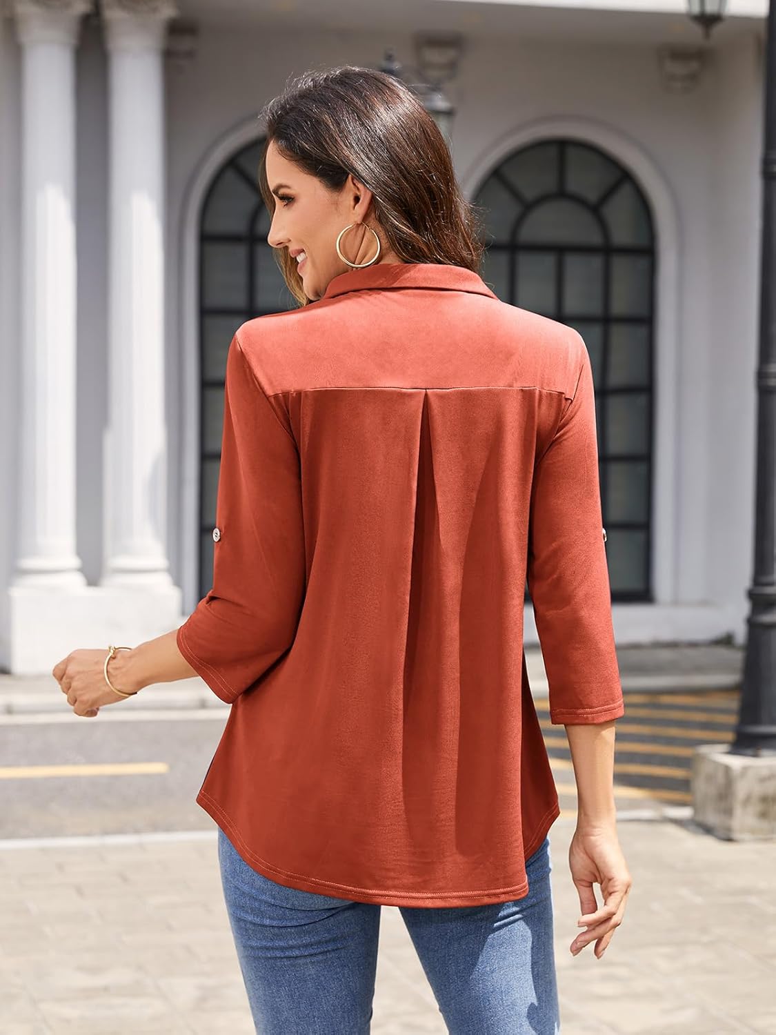 Bulotus Women's 3/4 Sleeve Collared Blouses Business Casual Tops Zip Front V Neck Work Shirts Loose Fit Tunic Tops - Image 4