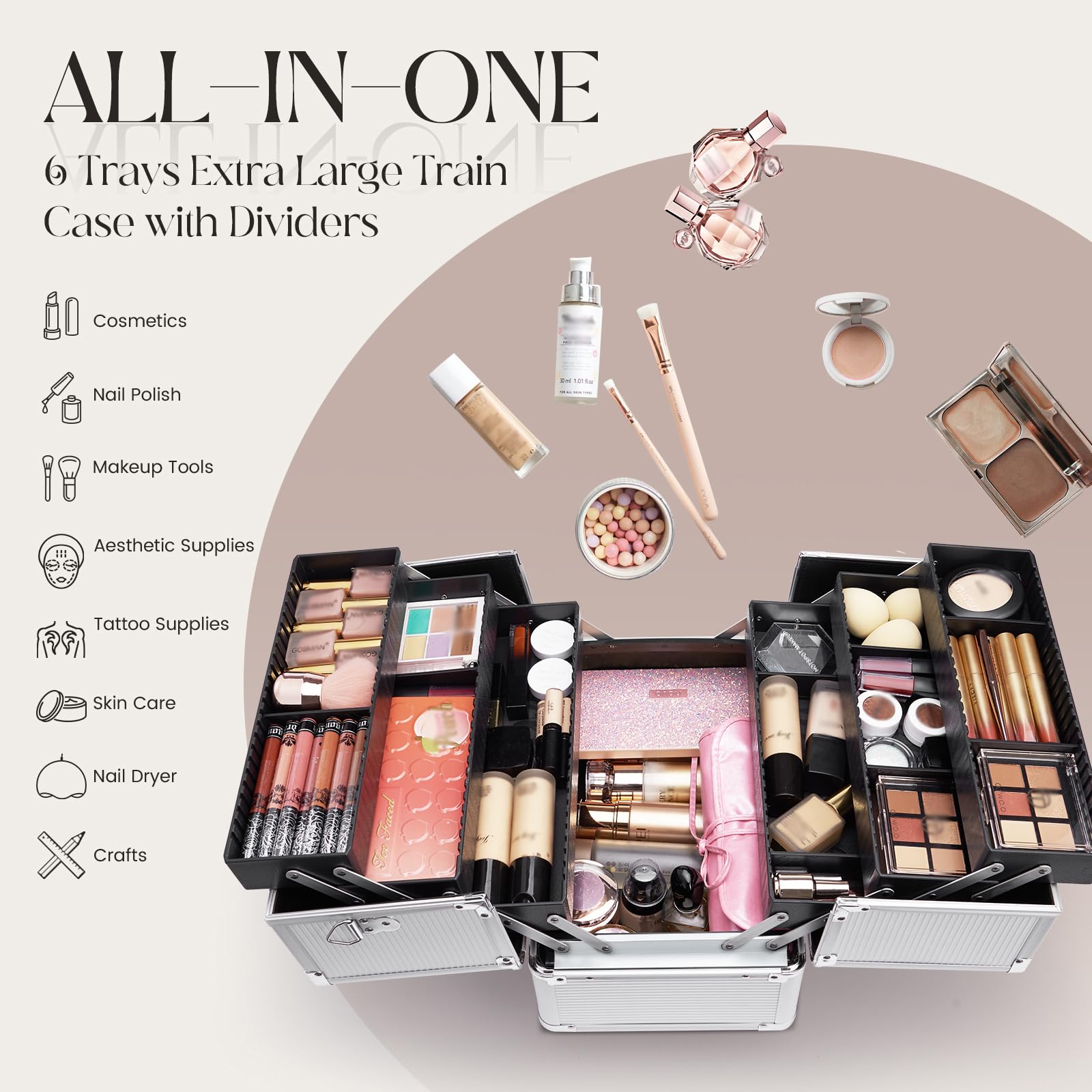 Joligrace Makeup Case Nail Case Vanity Case Professional Makeup Storage Boxes Manicure Jewellery Cosmetic Box Organizer with Shoulder Strap Beauty Travel Case Silver - 2