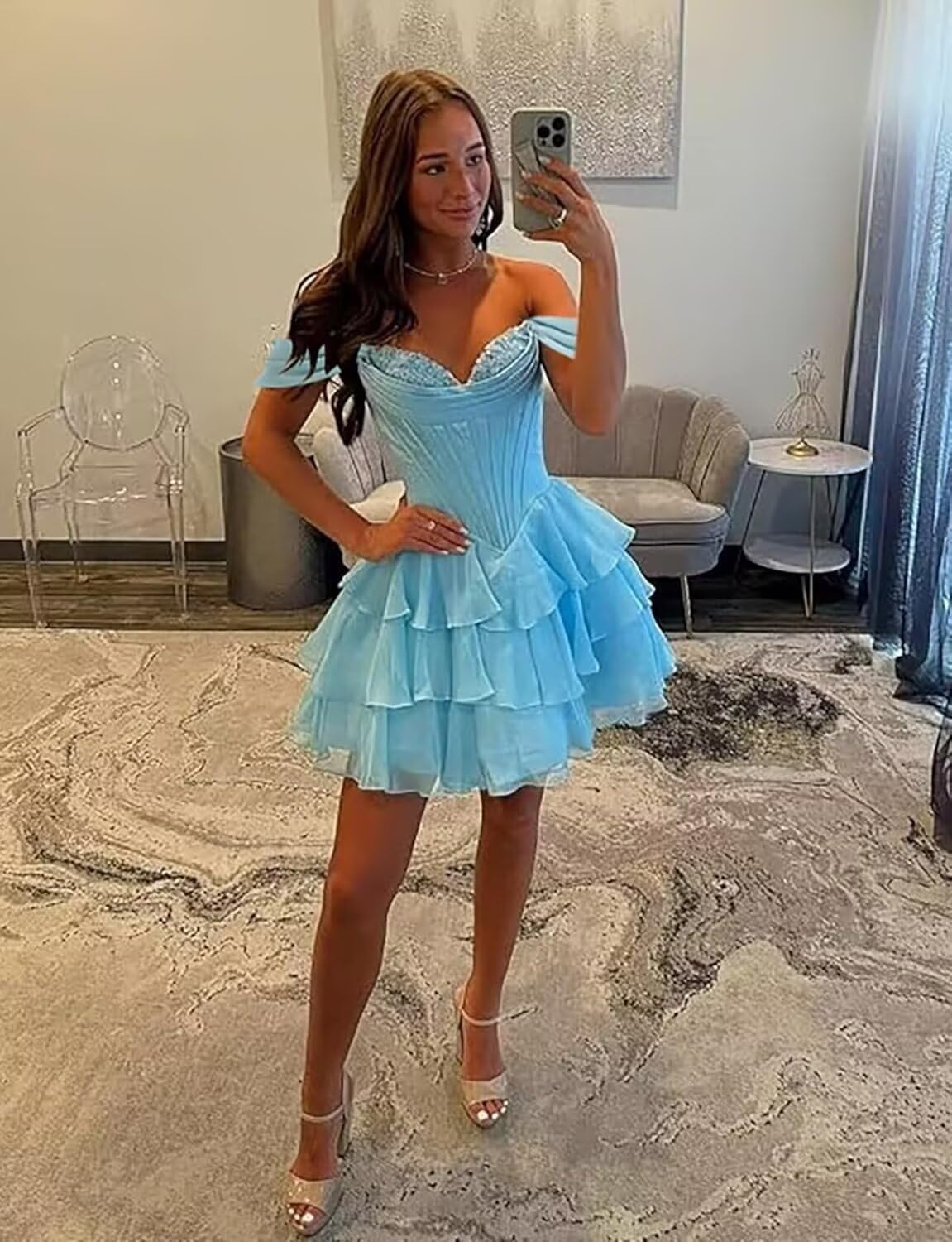 Tiered Chiffon Homecoming Dresses Short for Teens 2026 Off Shoulder Lace Satin Corset Prom Cocktail Party Gowns - Image 3