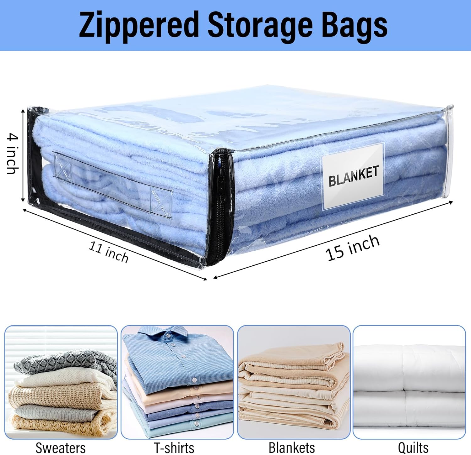 Kenning 20 Pcs Clear Zippered Storage Bags for Sheet Plastic Sweater Bags with Handle Pocket Closet Organizer Vinyl Moving Bag for Bed Blanket Clothes Throw Pillow Toys(Black,11 x 15 x 4 Inch) - Image 2
