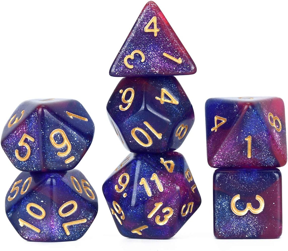 FLASHOWL Polyhedral Dice DND Dice Starry Sky Dices Milky Way Dice Games Table Games Dice Set D20, D12, D10, D8, D6, D4 and DND RPG MTG Dice Gaming Dice(7 Pieces Blue Purple)