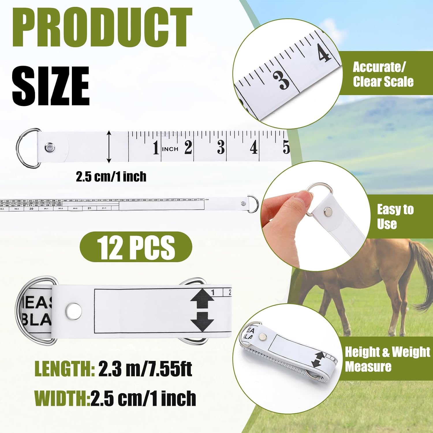 Copkim 12 Pcs Horse Measuring Tape 8.2 Feet Long for Height and Weight Multifunctional Horse Accessories for Accurate Waist Measurement and Weight Loss Tracking Portable PVC Measuring Stick