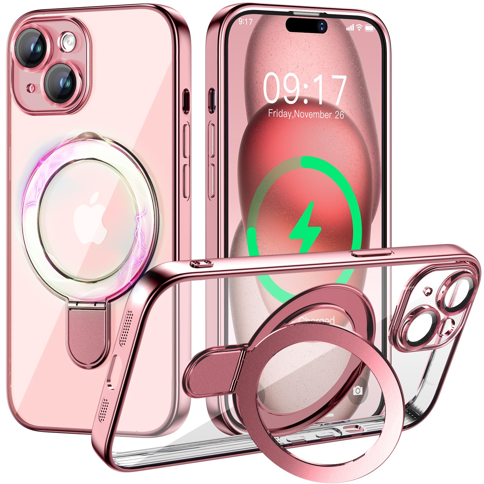 Magnetic for iPhone 15 Case with Invisible Stand Compatible with MagSafe Full Camera Lens Protector Military Drop Protection