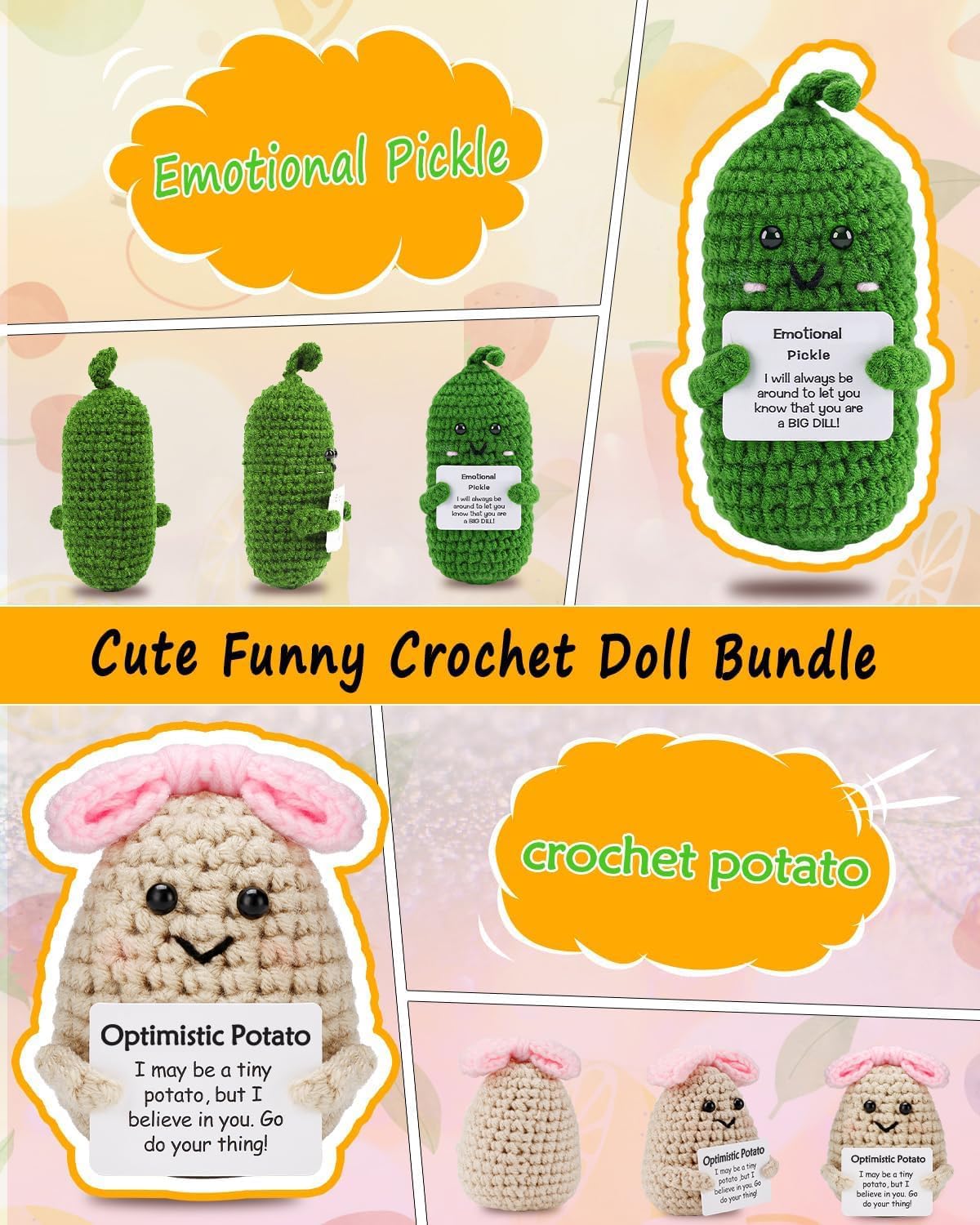 PinCute 2PCS Emotional Pickle Potato with Bow Gifts for Friend - Cute Funny Potato Crochet Doll Home Desk Decor - Gift for Women Wife Sister Birthday Valentines Christmas Anniversary
