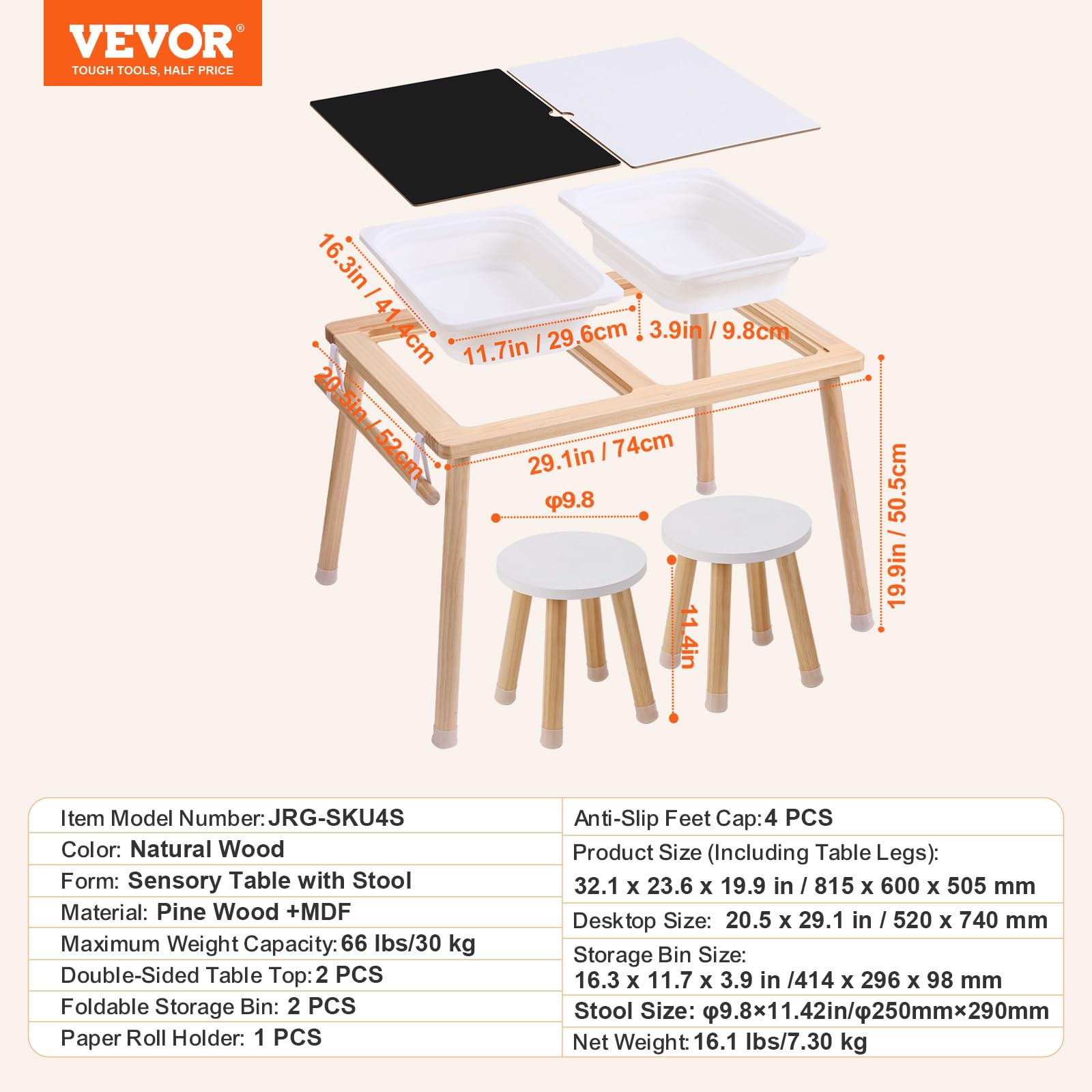 VEVOR Table d'Activités pour Enfants, Table d'Exploration Sensorielle avec 3 Bacs de Rangement et 1 Porte-Papier, Table d’Eau et de Sable en Bois, Intérieure/Extérieure, pour Dessiner et Étudier