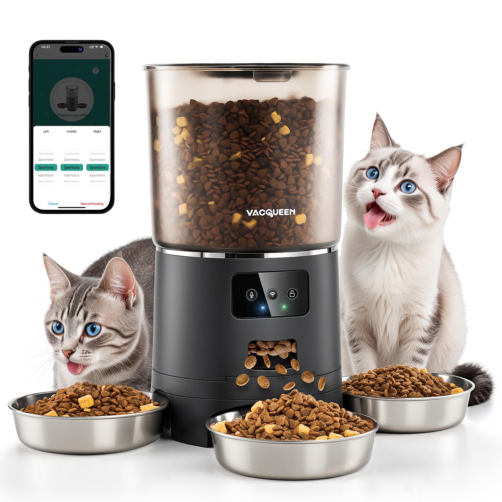 Futterautomat Katze mit APP und Timer, 6 L / 25 Tassen Katzenfutter Automat 3 Näpfe, 3 Trockenmittel Packungen, Anti-Verstopfungssystem, 2.4G WiFi, 10-S Stimmaufnahme Futterspender Katze Hund, Schwarz