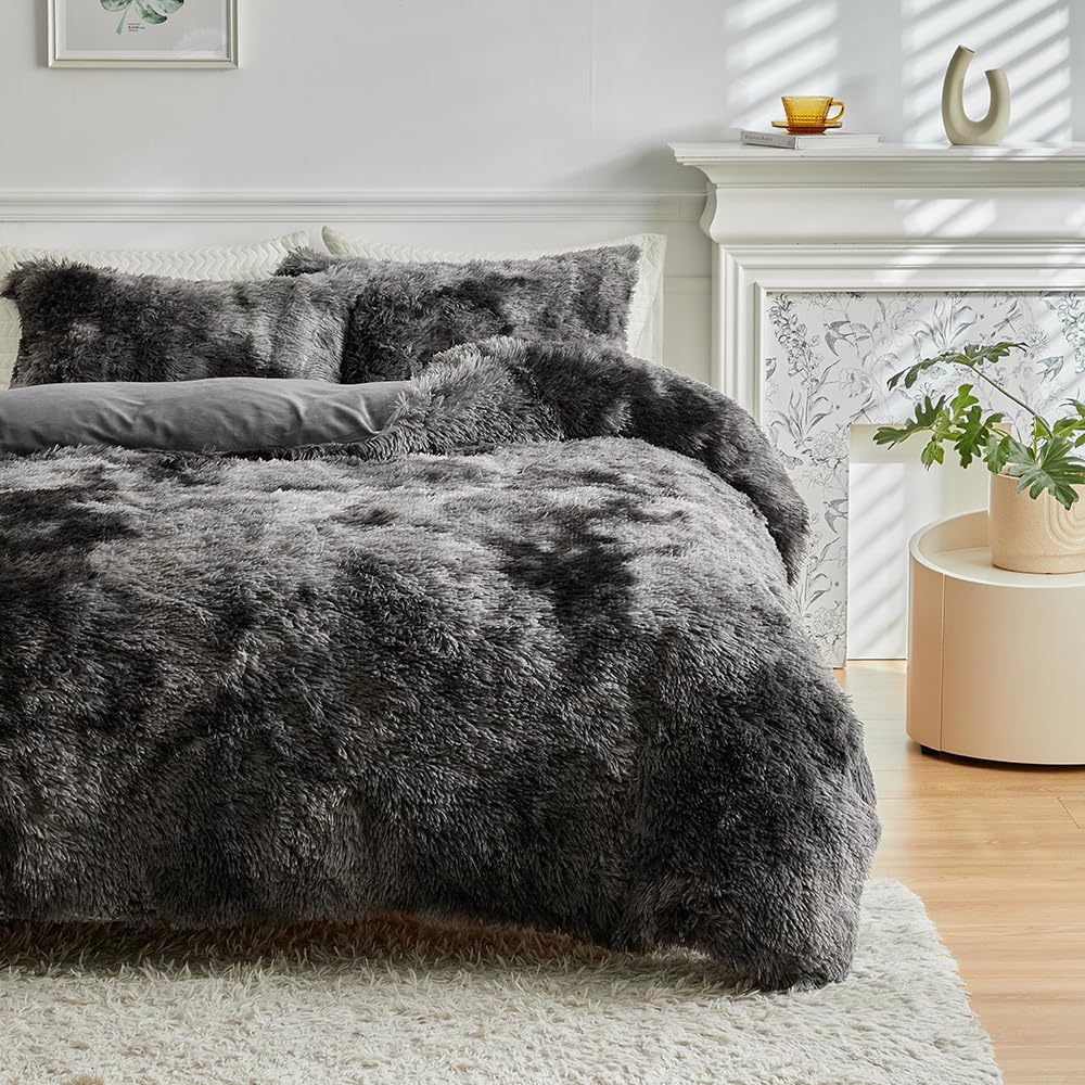 Wajade Faux Fur Plush White Comforter Set Fluffy Fuzzy Shaggy Bedding Set - 3PC Full/Queen Microfiber Soft Warm Quilt Set (Tie Dye Dark Grey, Queen) - Image 2