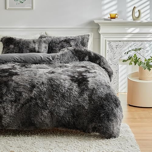 Miniatura 2 de Wajade Juego de edredón de felpa de pelo sintético teñido anudado gris oscuro y blanco, juego de ropa de cama mullido y mullido - Juego de edredón