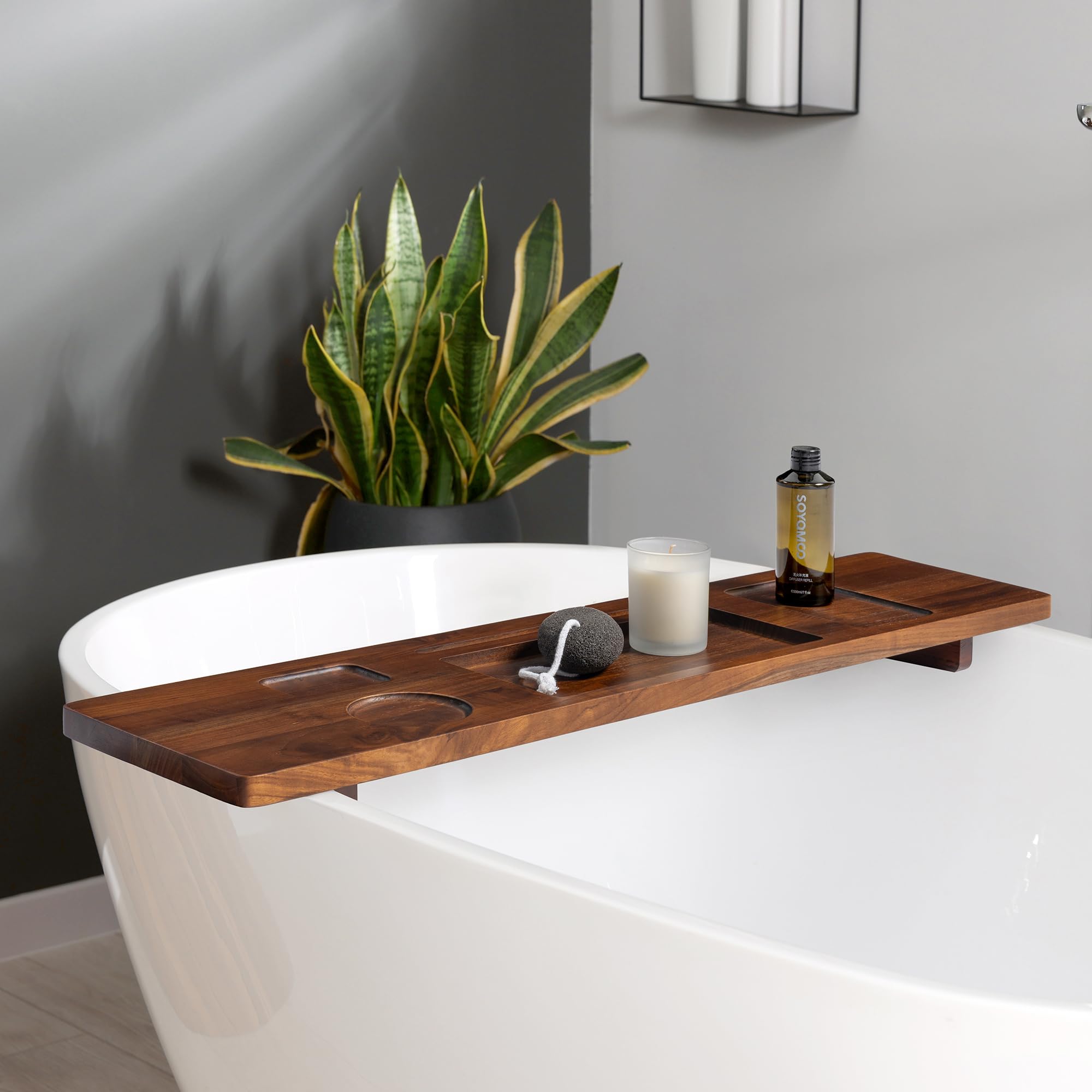 Bandeja de bañera de madera de teca, bandeja de bañera ajustable de 35 pulgadas para bañeras independientes, con soporte antideslizante para teléfono y copas de vino, soporte para libros para baño