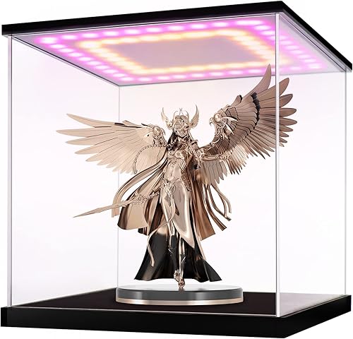 LANSCOERY Vitrina de acrílico transparente con doble luz, soporte de caja de exhibición de cubo con base negra, escaparate de protección a prueba de