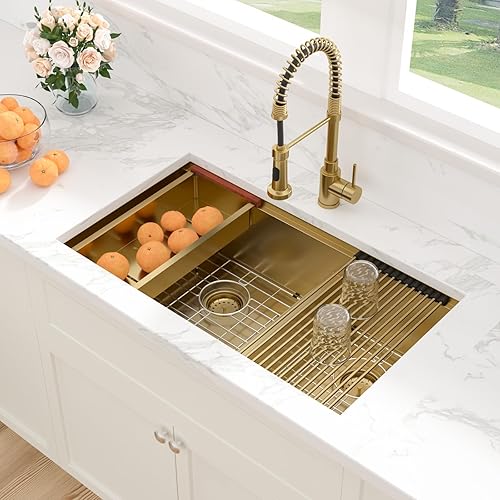 Vista 17 de Sarlai Fregadero doble de 33 piezas para empotrar - Fregadero de cocina de 33 x 19 pulgadas, acero inoxidable de calibre 16, esquina redonda, doble