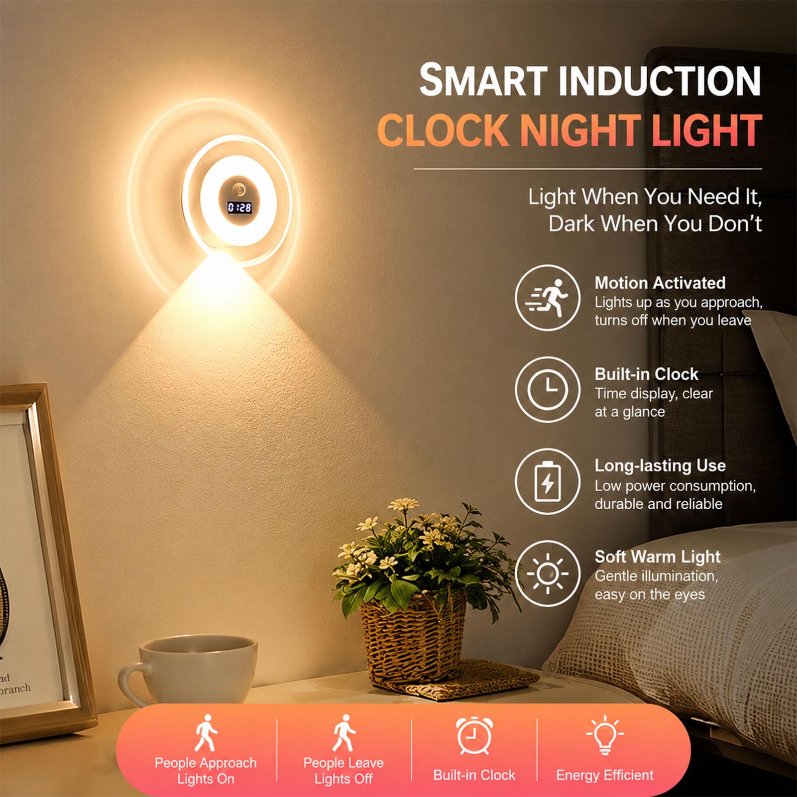 Smart LED Clock Night Light with Motion Sensor, Rechargeable Dimmable Wall Lamp with Remote, 3 Color Temperatures & 3 Lighting Modes, Digital Clock Nightlight for Bedroom Bathroom Hallway (3Set)