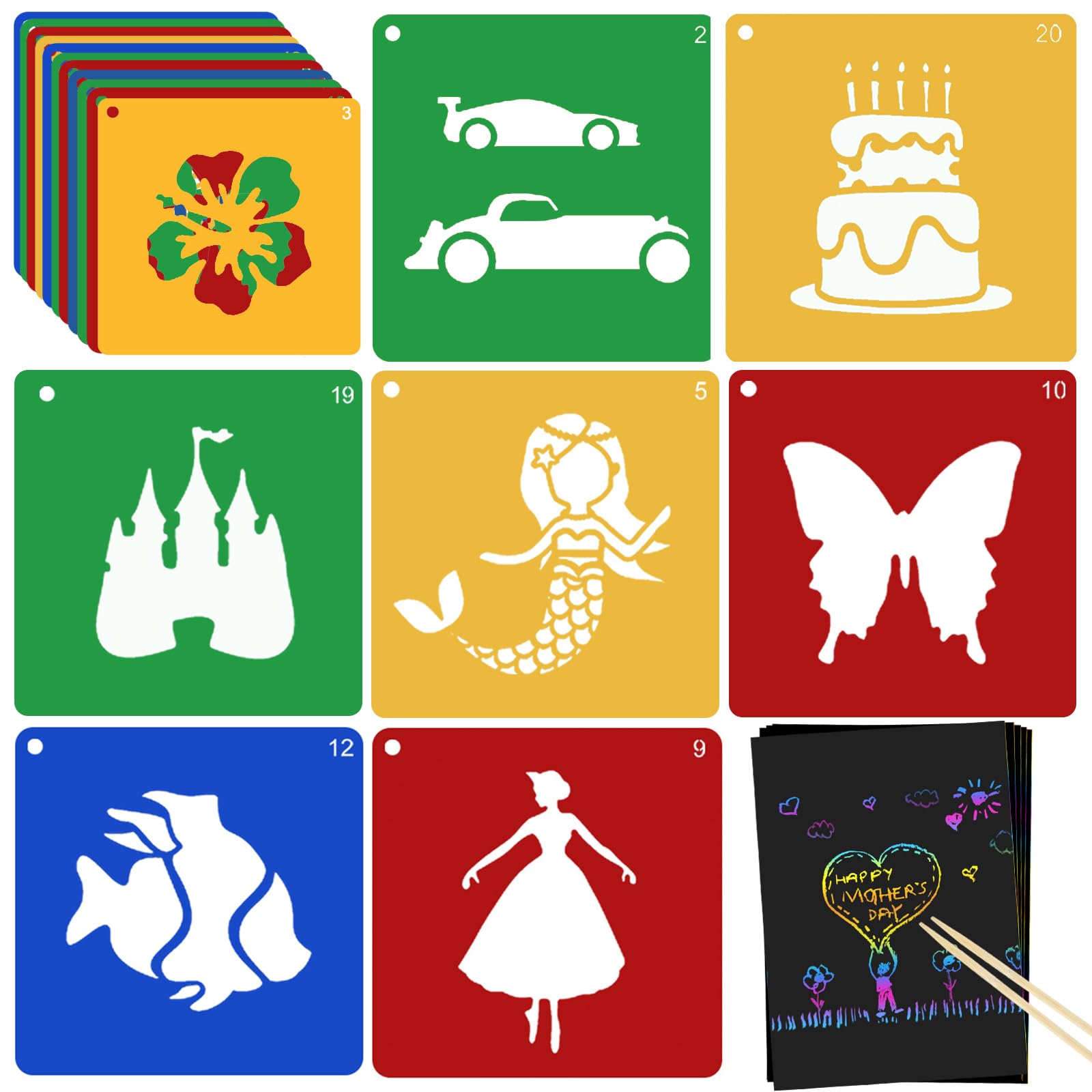 20 Pieces Stencils for Kids with 5 PCS Scratch Paper, 8 x 8 Inch Large Stencils Washable Craft Fun Chalk Template for Boys and Girls to Learn Painting