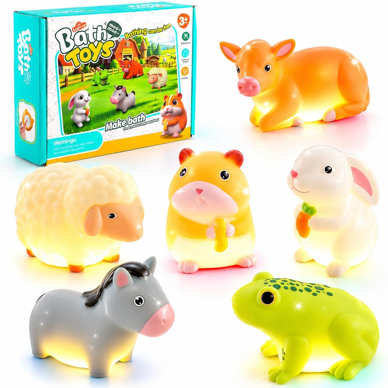 6 giocattoli da bagno luminosi per la vasca da bagno per bambini, animali da fattoria, giocattolo acquatico, galleggiante, cambia colore, no mould, luce per vasca da bagno