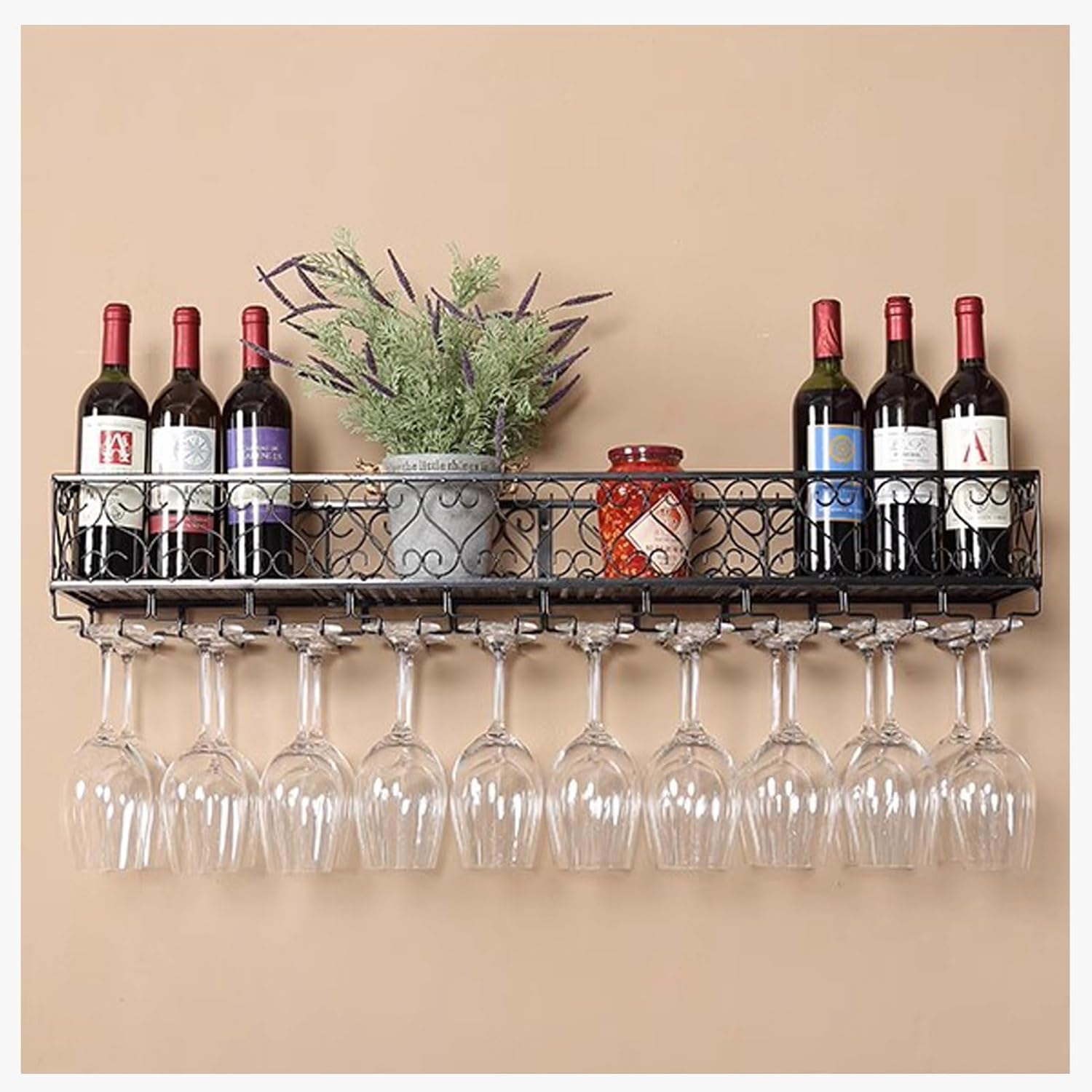 Wall Mounted Wine Rack – Black Floating Wine Shelves for Home Bar, Iron Bottle Holder & Liquor Display, Inverted Cup Storage Rack for Kitchen (30x25cm)