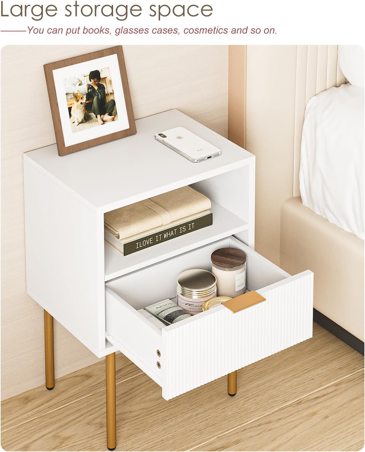 Nightstand, Modern Bedside Table with 1Drawer and Open Shelf,White Night Stand with Gold Metal Frame, Small Side Table for Bedroom, Living Room, Slim Spaces