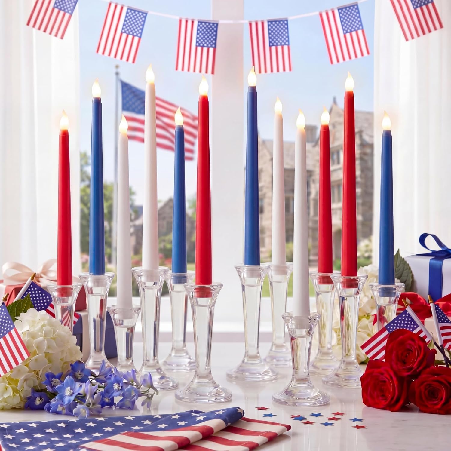Baquler 6 Pcs 11''4th of July Flameless Taper Candle Patriotic 250th Anniversary Battery Operated Candles Red White Blue Memorial LED Plastic Flickering Candle Sticks for Independence Day Home Decor