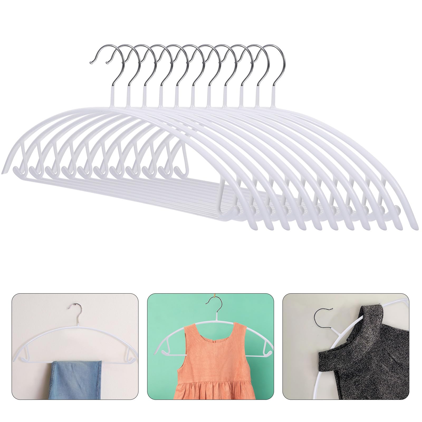 10 Perchas de PVC Recubrimiento Antideslizante para Ropa, Resistentes hasta 8kg, Diseño Semicircular, Ideales para Dormitorios y Armarios Blancos