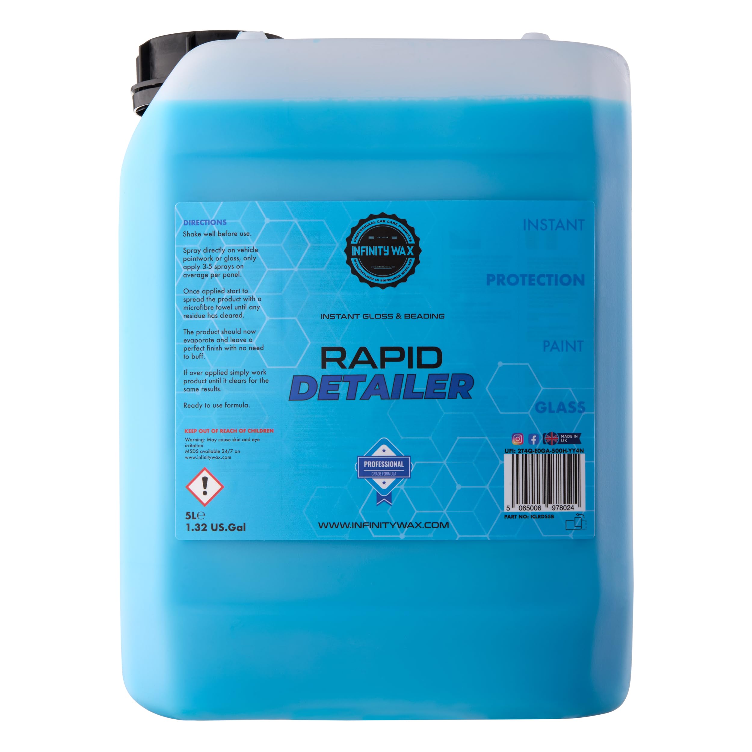 Infinity Wax Rapid Detailer Blue 5L - Spray de Detailer Rápido, Alto Brillo y Agua Brillante Sin Pulido, a Base de Siloxano. Destacadora de Auto Segura para Múltiples Superficies en Tamaño Comercial.