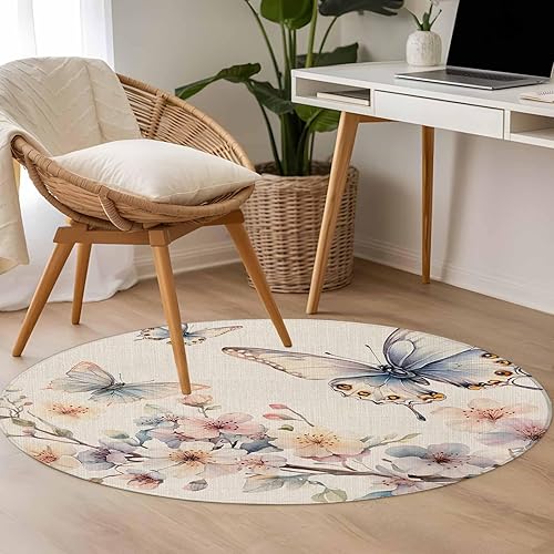 Miniatura 5 de 4ft Round Rug, Flowers Butterfly Non-Skid Rubber Backing Large Area Rugs - Living Room Bedroom Home Office, Watercolor Retro Botanical Flowers