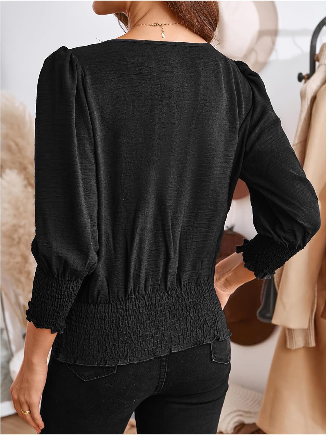 SweatyRocks Women's Lantern Long Sleeve Shirred Trim Round Neck Smocked Blouse Crop Tops - Image 2