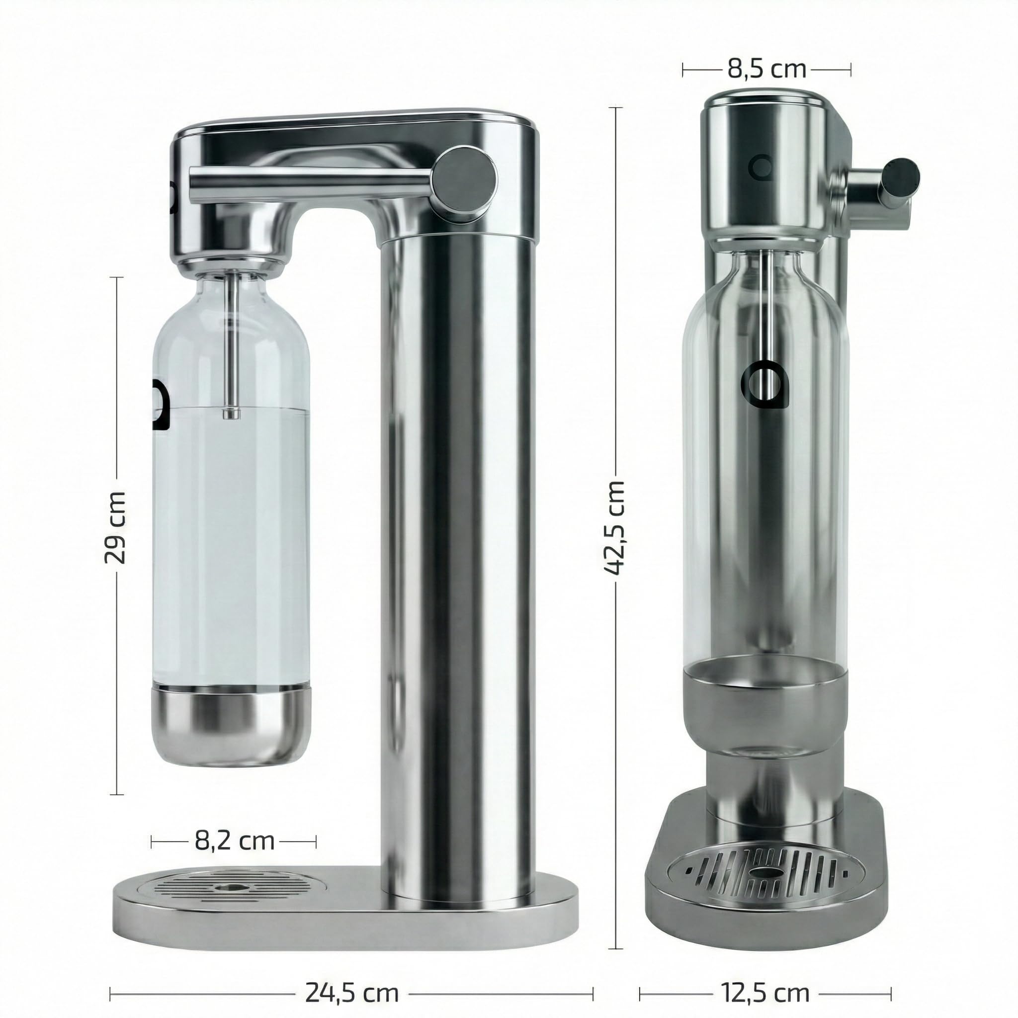 Aquafloow Macchina Soda per Acqua Frizzante in Acciaio Inox – Gasatore d’Acqua a Controllo Manuale con CO₂ Ricaricabile, Bombola fino a 60 Litri, Bottiglia in Plastica Senza BPA con Base Inox - 3