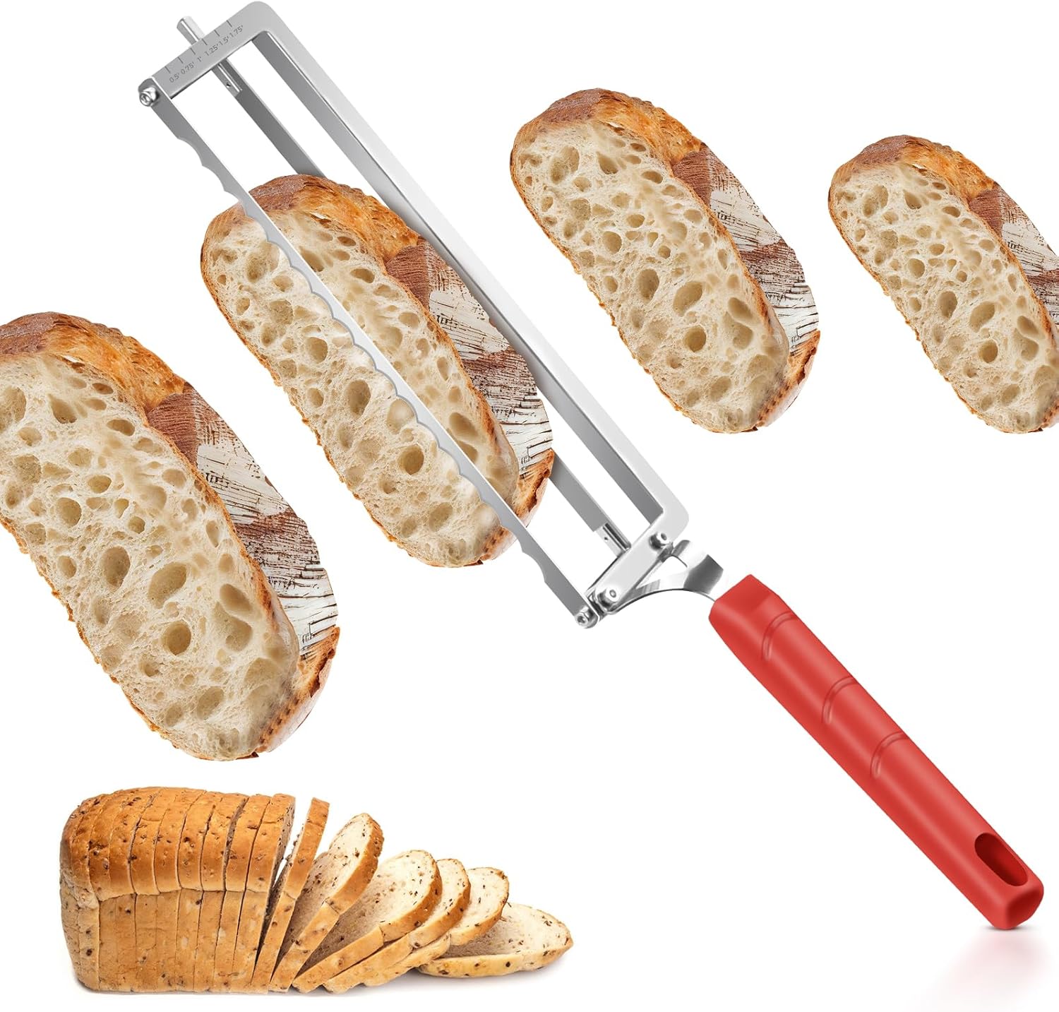 Upgraded Adjustable Bread Knife for Homemade Bread – Manual Bow Sourdough Bread Slicer with Thickness Guide & Serrated Stainless Blade for Precise Cutting Baguettes Bagels