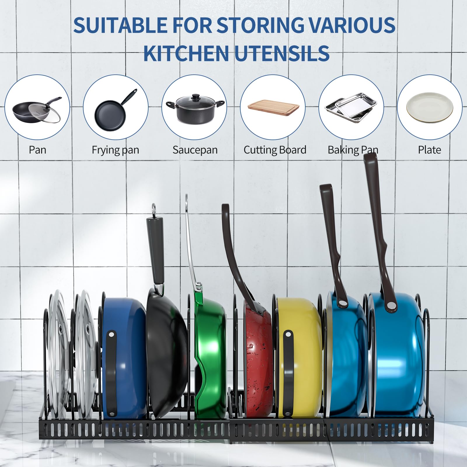 Organizer Per Coperchi Pentole - 10 Scomparti Regolabili, Allungabile, In Metallo, Nero