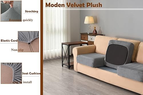 Miniatura 3 de XSlive 7 fundas de terciopelo de alta elasticidad para sofá de 3 cojines, protector de muebles lavable con cordón antideslizante en la parte