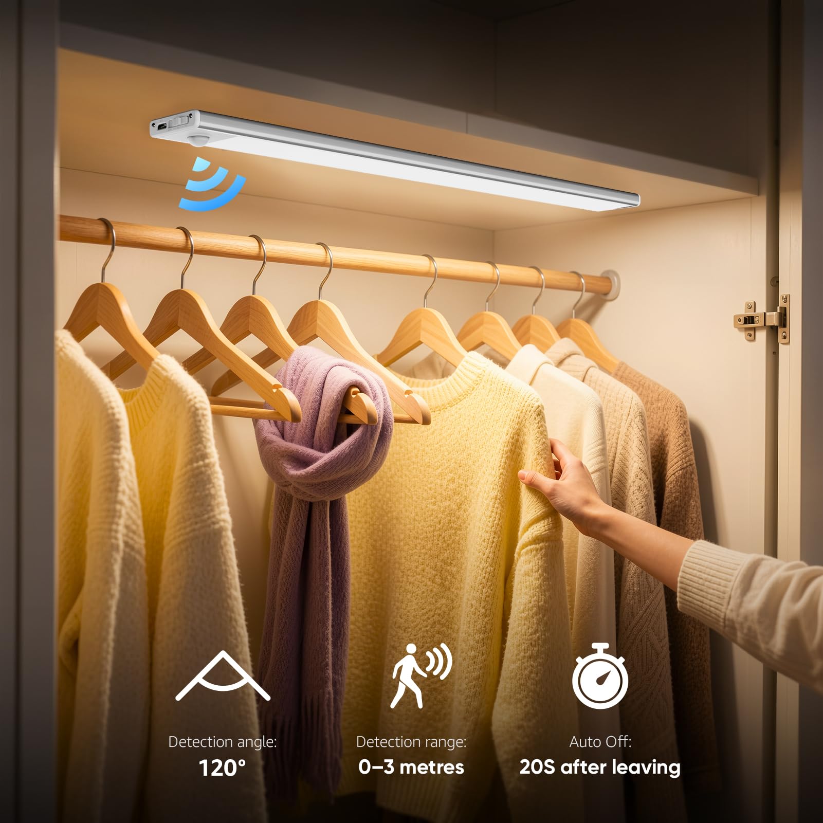 Klighten 2 Piezas Luz de Armario 40CM Recargable USB, Led Cocina Bajo mueble con Sensor Movimiento, 3 Modos, Luces Armario Adhesiva Magnetica Pilas, 73 LEDs, Blanco Cálido 3000K, 2200mah, Plata
