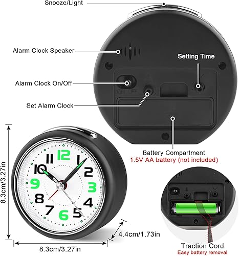 Miniatura 6 de DTKID Reloj despertador analógico de 3.27 pulgadas, pequeño reloj analógico de viaje con pilas, silencioso, sin tictac, con luz nocturna,