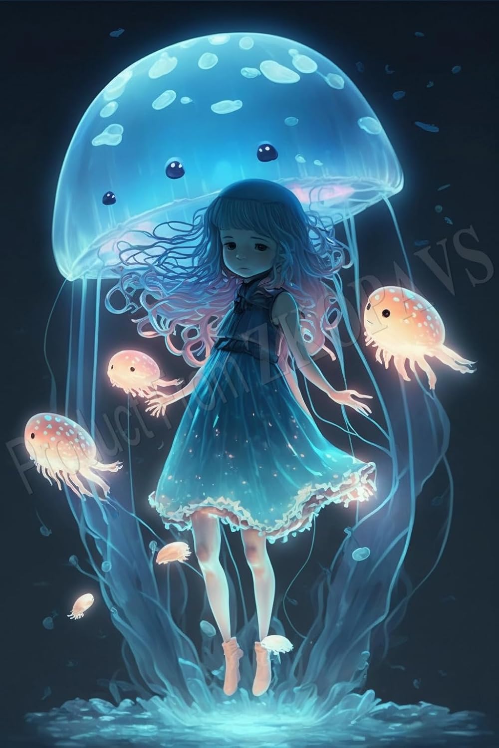 ZKOPAVS Diamond Painting Kits for Adults Kids Cute Girl and Blue Jellyfish Diamond Art Kits for Beginners for Living Room Bedroom Wall Decor 20x20 Inch