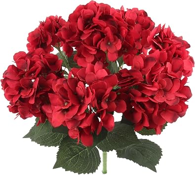 Larksilk Red 20" Artificial Hydrangea Bush X7 Lush Faux Floral Stem with 7 Blooms for Vase, Wedding & Home Decor