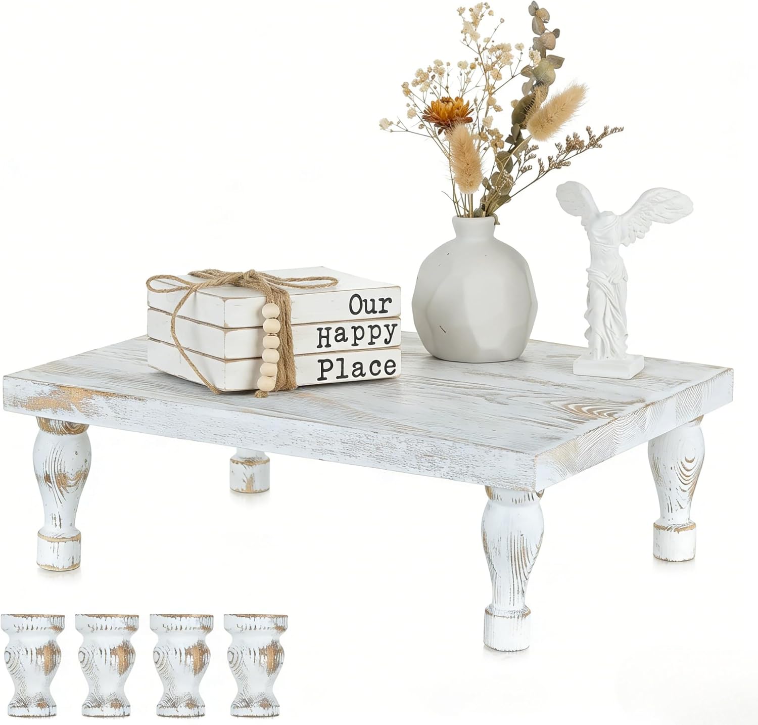 Hanobe Wooden Riser Decorative Tray: Farmhouse Wood Pedestal Display Stand Rustic Whitewashed Tray Riser Centerpiece for Coffee Bar Kitchen Dining Room Home Table Decor, Short & Tall Footed