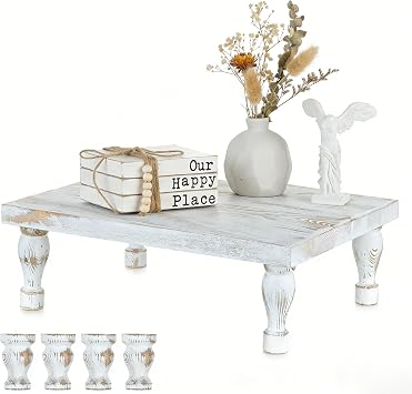 Hanobe Wooden Riser Decorative Tray Farmhouse Wood Pedestal Display Stand Rustic Whitewashed Tray Riser Centerpiece for Coffee Bar Kitchen Dining Room Home Table Decor, Short & Tall Footed