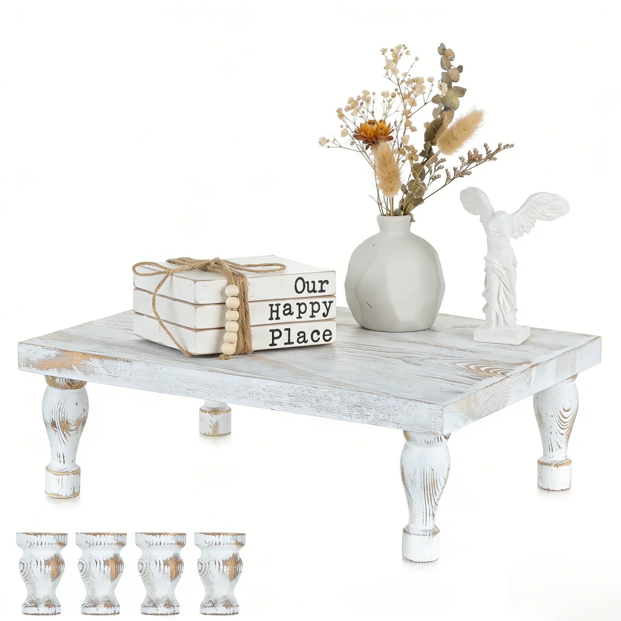 Hanobe - Bandeja decorativa de madera: soporte de exhibición con pedestal de madera rústica encalada para centro de mesa para cafetería, cocina, comedor, decoración de mesa, patas cortas y altas | Decoración rústica de mesa de café para centro de mesa de