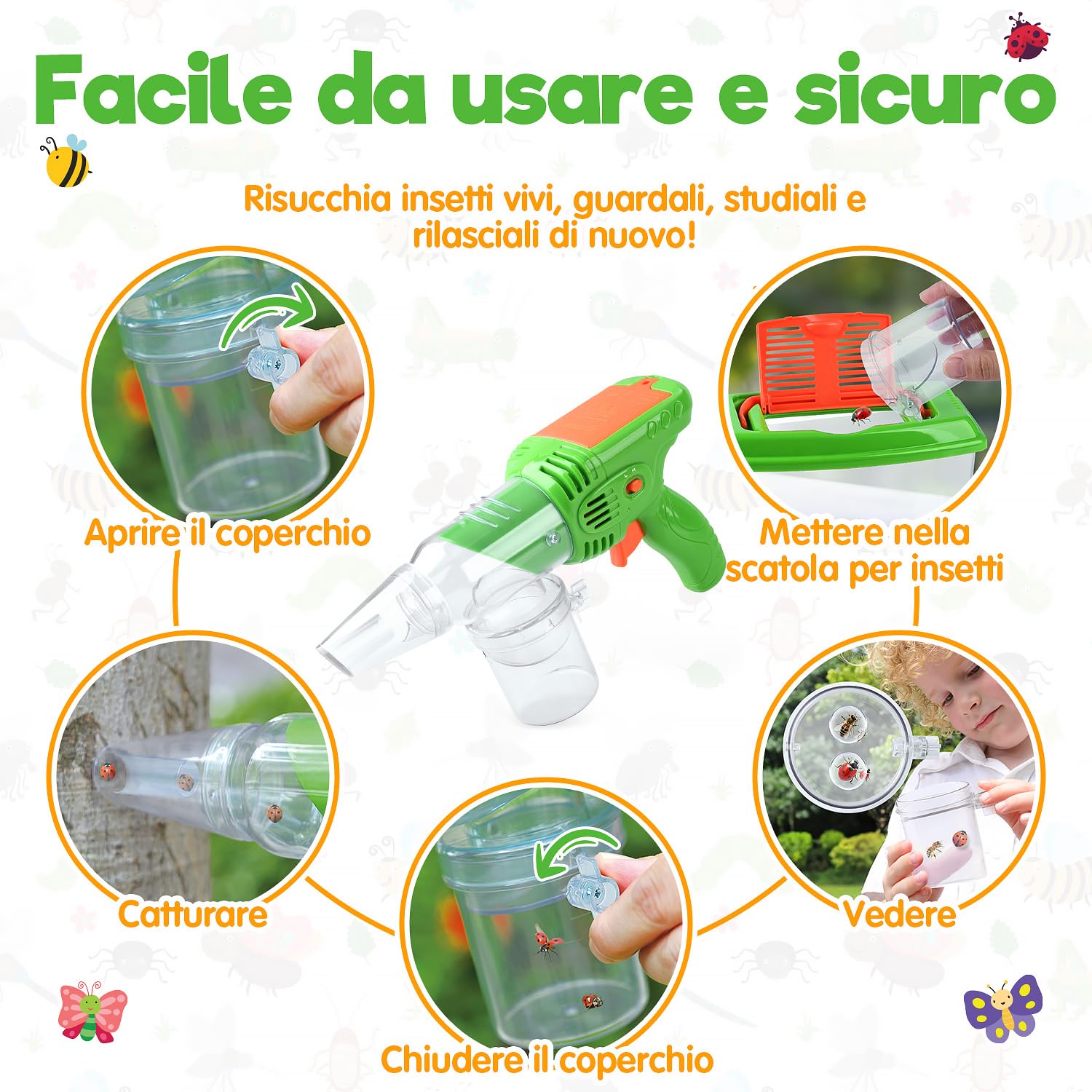 Kit Esploratore Bambini con Cattura Insetti, Scatola per Insetti, Rete di Farfalle, lenti d'ingrandimento, Pinzette, Portachiavi, Esplorazione Outdoor Giocattoli Regalo Set per Bambini da 3+ Anni