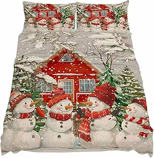 Queen Size Fitted Sheet Set,Christmas Snowman Xmas Tree on Grey Deep Pocket Bed Sheet Fits Mattress Up to 16",Soft Bottom Sheets with Pillowcases and Flat Sheet,Red Farmhouse Snow Branch for Bedroom