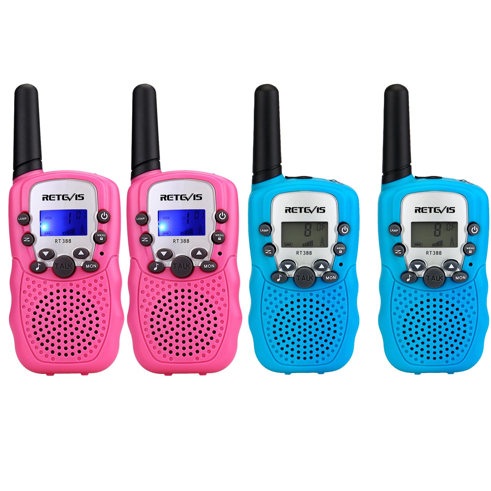 Retevis RT388 Longue Portée Talkie Walkie Enfant, 8CH Lampe de Poche VOX pour Garçons et Filles, 3-12 Ans Enfants Jouets,Cadeaux d'anniversaire pour Activités (1 Paire, Bleu Rose)