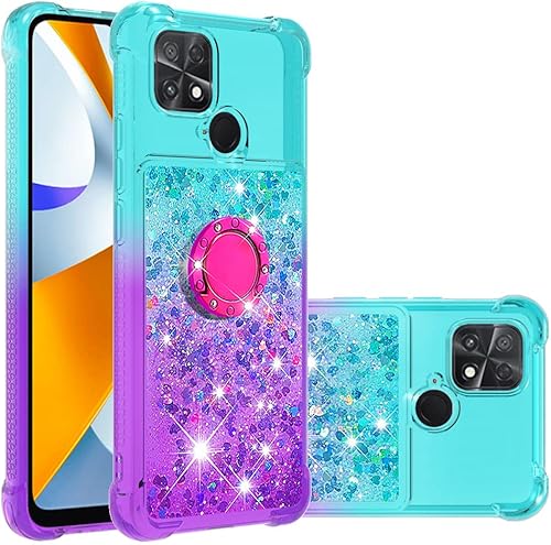 Miniatura 8 de ONV Funda de silicona para Xiao mi Poco C40  con anillo de metal Funda de teléfono brillante con soporte de arena de flujo parachoques anticaída