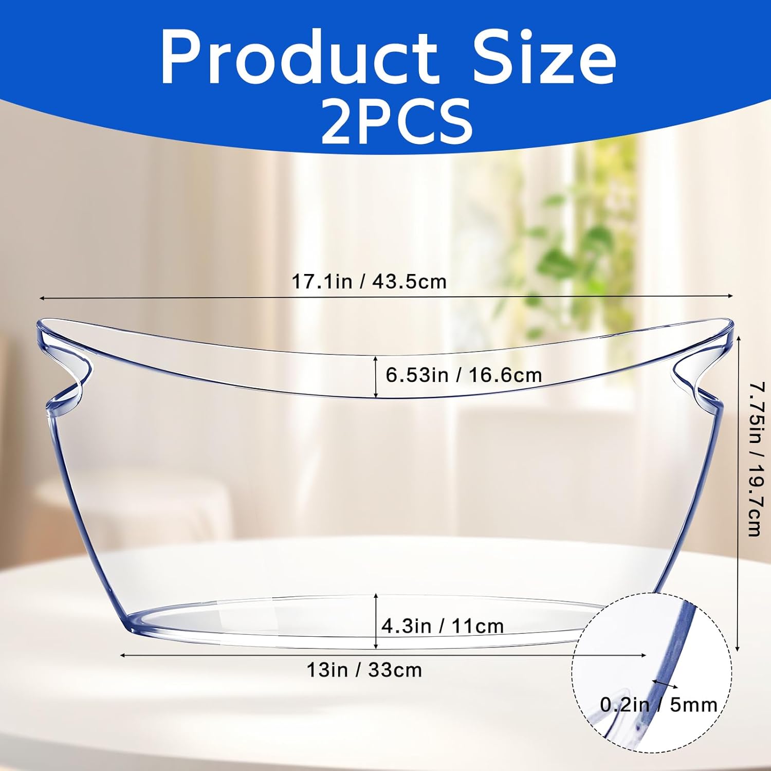 Cheardia 2 Pcs Ice Bucket, Acrylic Champagne Bucket 5.5L Beverage Tub for Parties, Long and Narrow Mimosa Bar Supplies, Cocktail Bar, Champagne, Beer, Wine, Clear