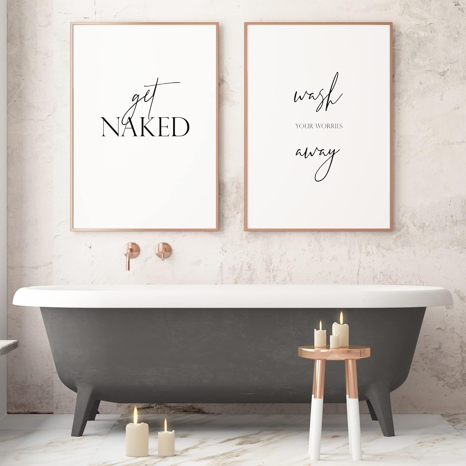 Get Naked & Wash Your Worries Away Set of 2 Prints Bathroom Wall
